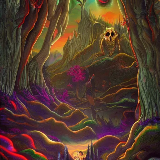 Image similar to Vampire traveling through a beautiful psychedelic world, illustrated by Asher Brown Durand, trending on artstation