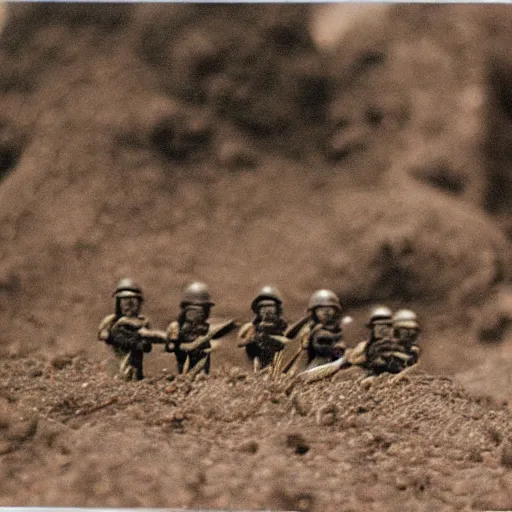 Prompt: photo of tiny soldiers during a war, 35mm