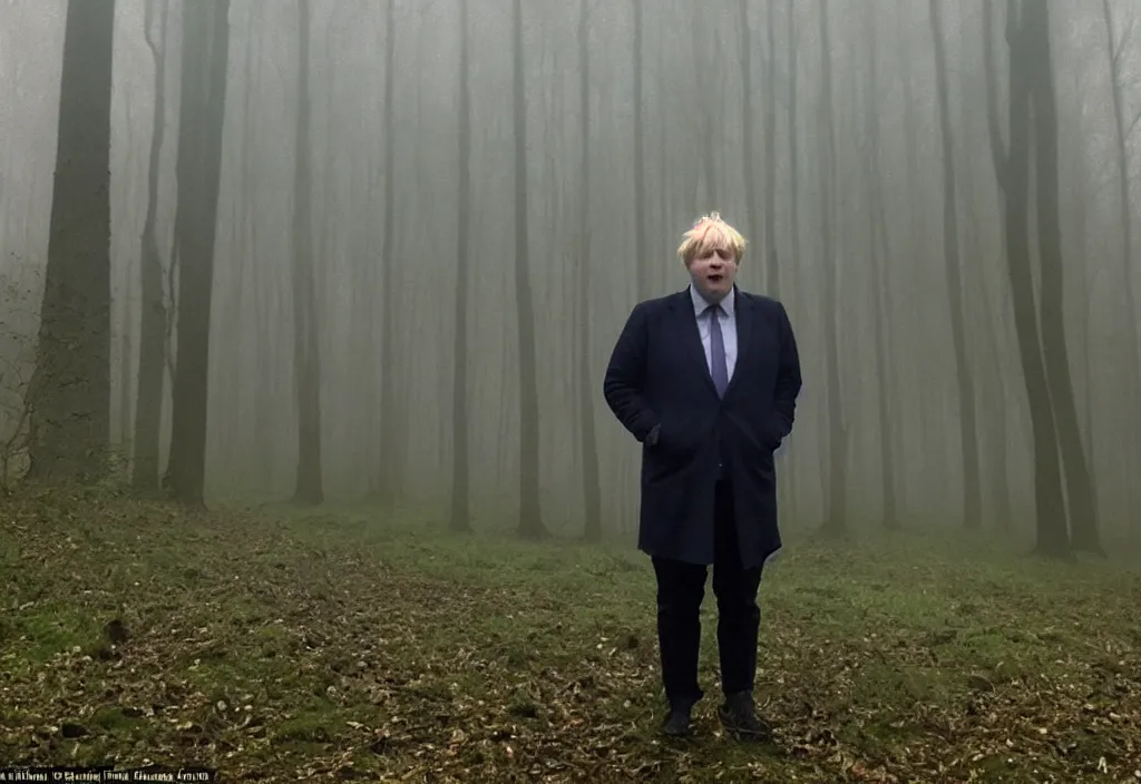 Image similar to low quality iphone photo of boris johnson standing ominously deep in the foggy woods with a demonic smile in his face, low visibility creepy, grainy, trail cam footage