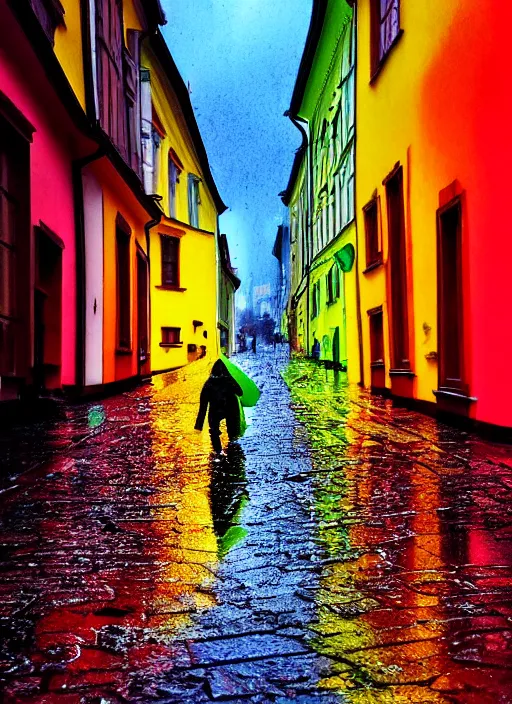 Prompt: colored gummy bears walking down a rainy cobbled street in sopron, by james gurney, cyberpunk, dystopian art, epic, dramatic lighting, intricate details, scifi, hd