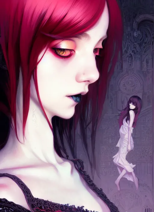 Image similar to portrait of beautiful gothic girl, cute face, intricate, highly detailed, digital painting, official media, anime key visual, concept art, rich vivid colors, ambient lighting, sharp focus, illustration, art by wlop and ilya kuvshinov and makoto shinkai and range murata and gustav klimt