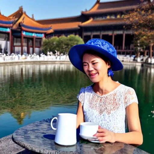 Prompt: a beautiful woman wearing a blue lace top and a white hat, drinking coffee by a river in beijing