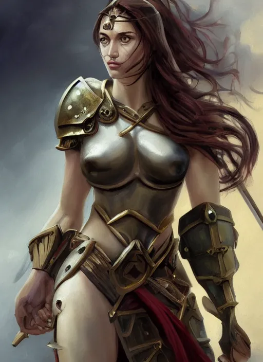 Image similar to a professionally painting of an attractive young girl, partially clothed in battle armor, olive skin, long dark hair, beautiful bone structure, perfectly proportioned, nubile body, symmetrical facial features, intricate, elegant, heroic pose, digital painting, concept art, smooth, sharp focus, finely detailed, from Warhammer, in the style of Artgerm and Greg Rutkowski and William-Adolphe Bouguerea