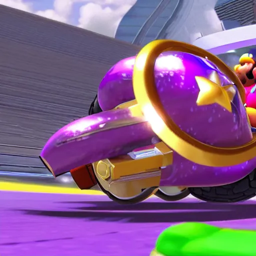 Image similar to Thanos in Mario Kart game, screenshot, realistic,