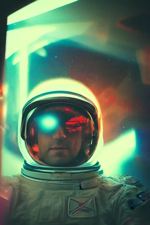 Image similar to agfa vista 4 0 0 portrait photograph of a meso american guy astronaut on a spaceship, synth vibe, vaporwave colors, lens flare, moody lighting, moody vibe, telephoto, 9 0 s vibe, blurry background, grain, tranquil, calm, faded!,