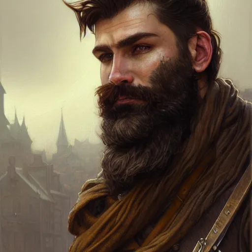 Image similar to brown haired rogue, portrait, rugged, muscular, bearded, male, city landscape, norway, d & d, fantasy, intricate, elegant, highly detailed, digital painting, brown and gold color palette, cloth, octane render, concept art, matte, sharp focus, illustration, herrarthstone, art by artgerm and greg rutkowski and alphonse mucha