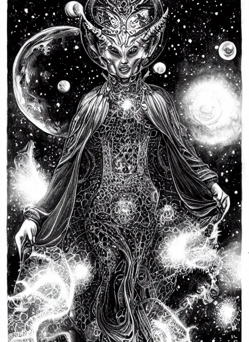 Image similar to high intricate ink drawing of the sandman holding a glimmering galaxy, full shot, neil gaiman, maria panfilova, andrea savchenko, mike kime, ludovic plouffe, qi sheng luo, oliver cook, julian calle, eddie mendoza, trending on artstation
