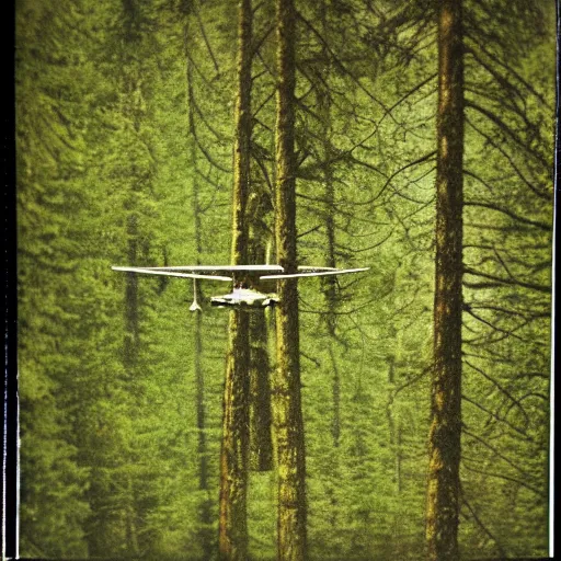 Image similar to heavily green tinted vintage polaroid photograph of a plane flying above a forest, ground level view