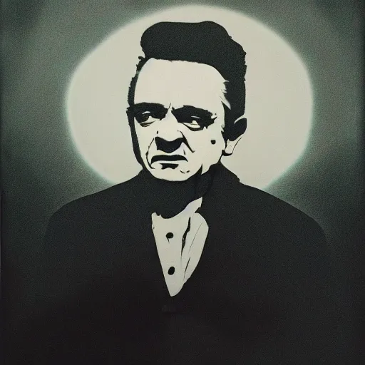 Image similar to johnny cash face in the night sky, ominous, spooky, cinematic, hyperrealistic