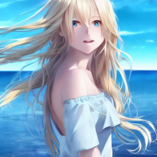 Prompt: a very beautiful anime cute girl, full body, long wavy blond hair, sky blue eyes, full round face, short smile, fancy top, miniskirt, front view, summer lake setting, cinematic lightning, medium shot, highly detailed, cinematic wallpaper by Stanley Artgerm Lau