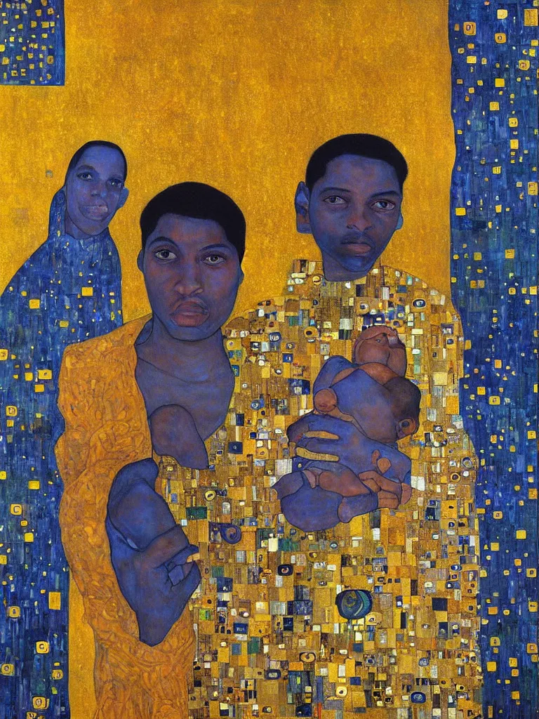 Image similar to a beautiful portrait painting of mahad magandi in front of the whole world united in the art style of Gustav Klimt, impasto oil painting, blue and golden color scheme