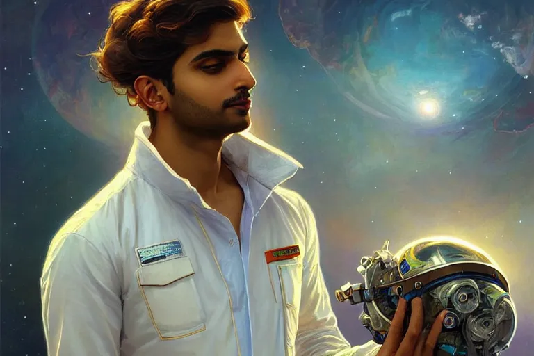 Image similar to Sensual good looking pale young Indian doctors wearing jeans in a space station above Earth, portrait, elegant, intricate, digital painting, artstation, concept art, smooth, sharp focus, illustration, art by artgerm and greg rutkowski and alphonse mucha