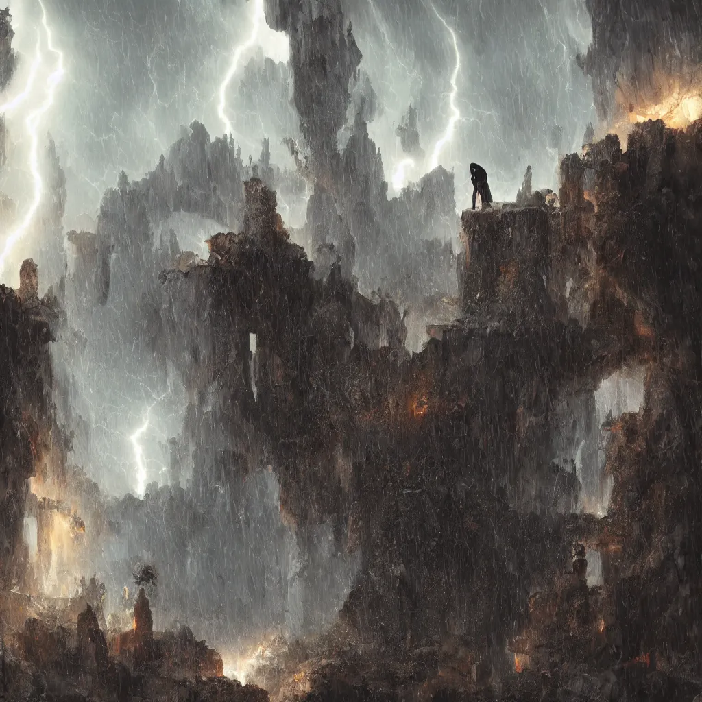 Image similar to a still of a cloaked figure standing in the ruins of crux prime, monastery, there is lightning, blue fiery maelstrom in the distance, it is raining, digital art, artstationhq