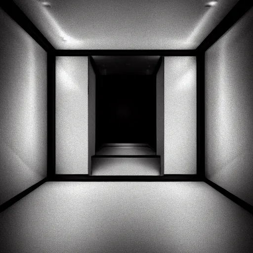 Prompt: inside of dark without light endless cube with black walls. Realistic Concept Art photography