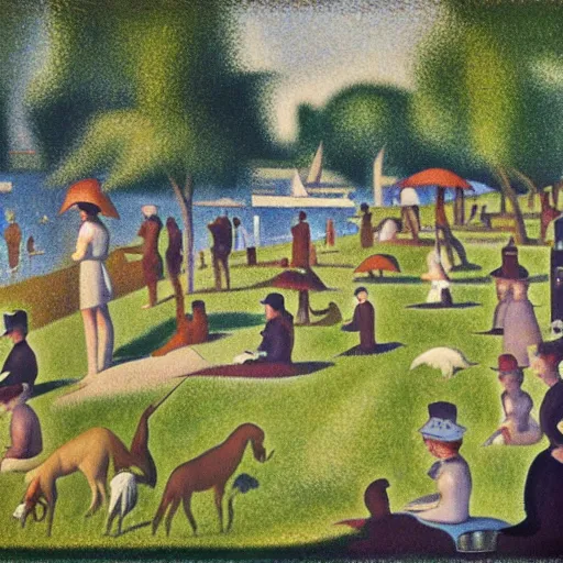 Prompt: summer, zoo, victorian, lake, group, people, beautiful, Georges Seurat