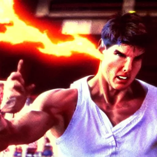 Prompt: Still of Tom Cruise as Ryu in Street Fighter throwing a Hadoken