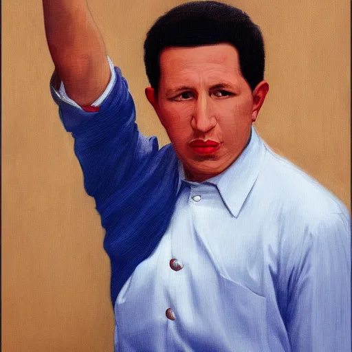 Image similar to Painting of Hugo Chavez as Patrick Bateman. Art by william adolphe bouguereau. During golden hour. Extremely detailed. Beautiful. 4K. Award winning.