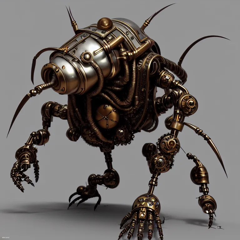 Image similar to steampunk robot ant, 3 d model, unreal engine realistic render, 8 k, micro detail, intricate, elegant, highly detailed, centered, digital painting, artstation, smooth, sharp focus, illustration, boris vallejo