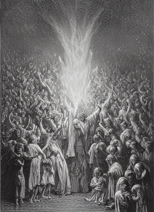 Image similar to A church burning down with angels pouring water down onto the church, painted by Gustave Dore