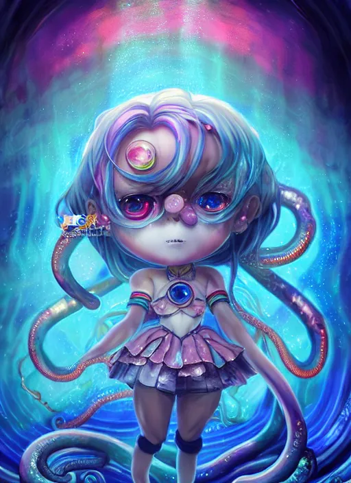 Image similar to A full shot of a chibi girl from the Abyss covered in opal. Symmetrical. Underwater. Dark foreboding Atmosphere. Sailor Moon. Tentacles. Kawaii. Rainbows. By Lisa Frank and HR Giger and Ross Tran. Key Art. Fantasy Illustration. award winning, Artstation, intricate details, realistic, Hyperdetailed, 8k resolution. Photoreal. Octane Render.