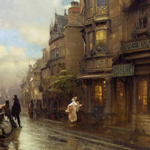Prompt: jean-Baptiste Monge and Solomon Joseph Solomon and Richard Schmid and Jeremy Lipking victorian genre painting painting of an english 19th century english stone city streat with shops and stores