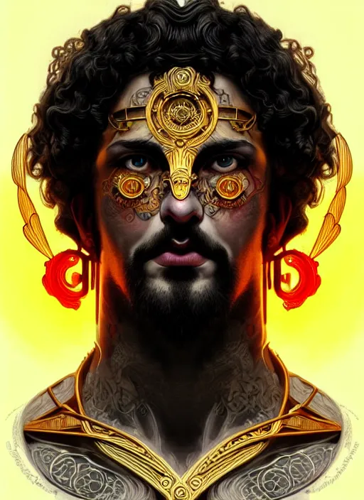 Prompt: portrait of greek god ares, black curly hair, glowing eyes, volumetric lights, face tattoo, yellow red scheme, art nouveau botanicals, gothic, intricate, highly detailed, digital painting, artstation, concept art, smooth, sharp focus, symmetric face, illustration, steampunk, art by artgerm and greg rutkowski and alphonse mucha