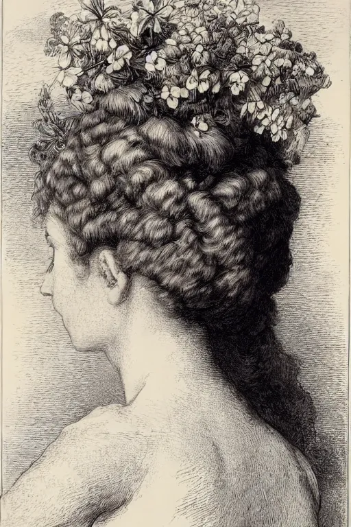 Prompt: extreme close-up portrait of a beautiful french woman from behind with flower in the head, forest background, Gustave Dore lithography