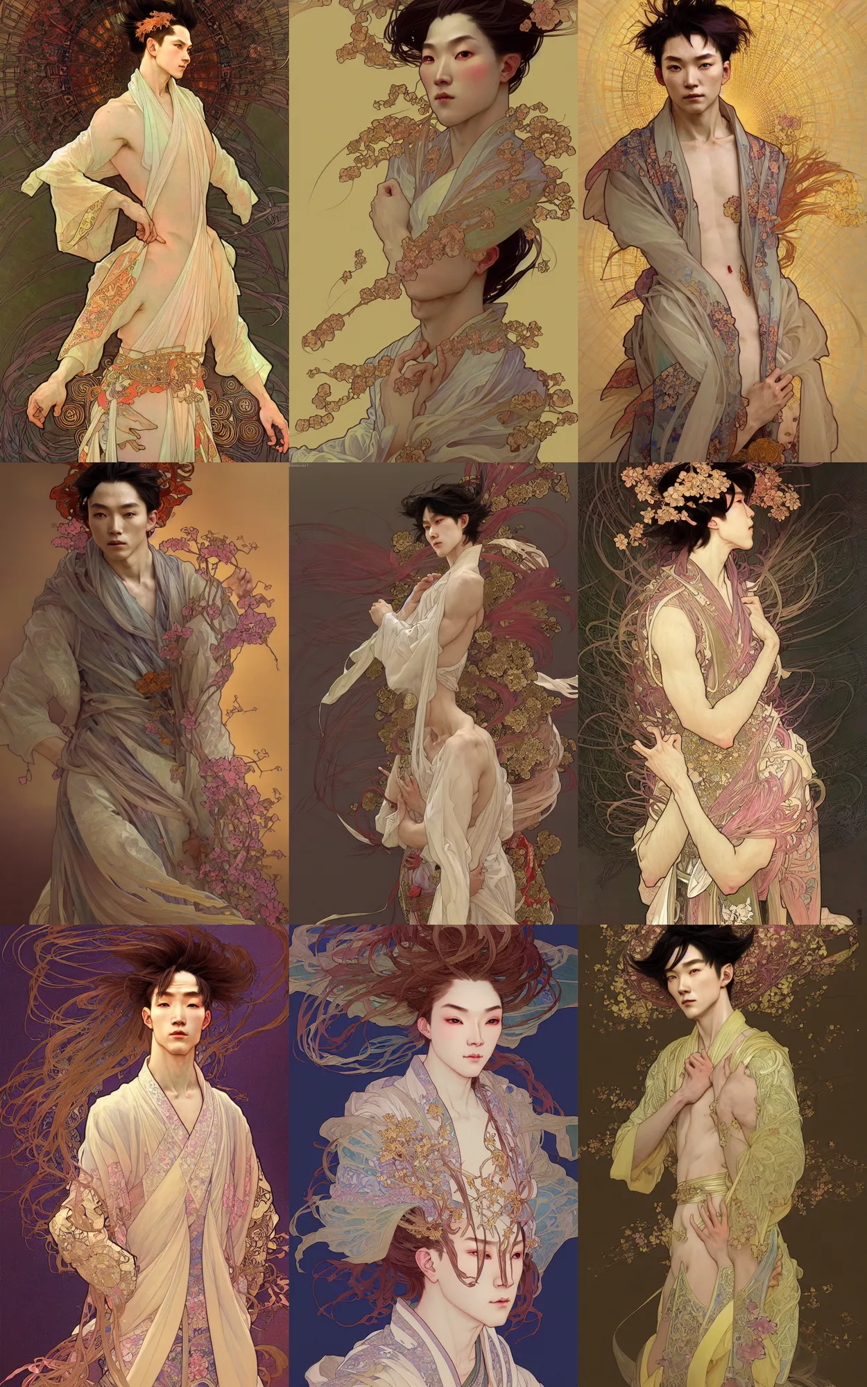 Prompt: digital concept art by nixeu and fenghua zhong and alphonse mucha, portrait of an androgynous man in a diaphanous kimono, cinematic lighting, intricate, elegant, hyper detailed, character concept, full body, dynamic pose, glowing dust, highly detailed, digital painting, artstation, smooth, sharp focus, illustration.