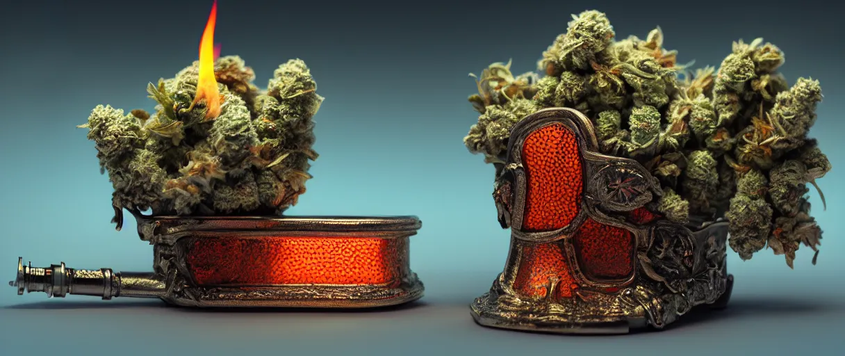 Image similar to hyperrealist highly detailed english medieval portrait of bong ashtray bic lighter small pack of weed marijuana baggy. burning water, radiating atomic neon corals, veiny network growth with ghostly ghost translucent ghost armor, concept art pascal blanche dramatic studio lighting 8k wide angle shallow depth of field, depth of field, bokeh. iridescent accents, octane render, houdini render, bokeh