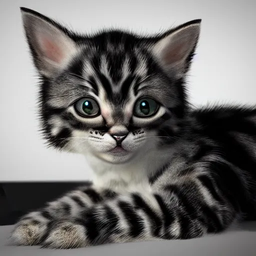 Image similar to photorealistic kitten. hyperdetailed photorealism, 1 0 8 megapixels, amazing depth, high resolution, 3 d shading, 3 d finalrender, 3 d cinematic lighting