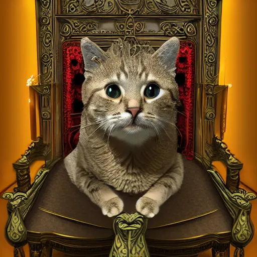 Prompt: cat crowned sitted on throne, castle environment, digital art