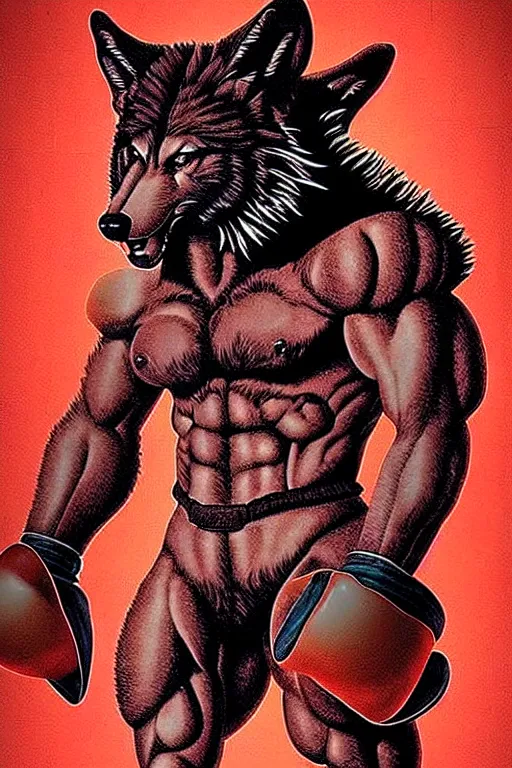 Image similar to extreme long shot. 8 bit nes graphics. antropomorphic muscular masculine wolf. kickboxer fighter, in shorts. wolf head. angry. fine details, very sharp, art from nes game cartridge, 8 0's, vhs artefacts, vaporwave style, marc simonetti and hermann nitsch and anish kapoor.