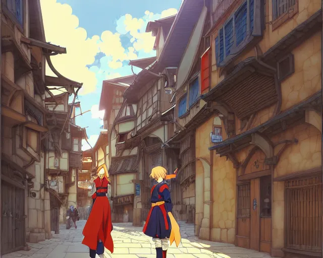 Image similar to anime visual, portrait of a young female walking through a busy medieval village, face by yoh yoshinari, murata range, jean giraud, last exile, blue submarine no 6, dynamic pose, dynamic perspective, detailed silhouette, cel shaded anime