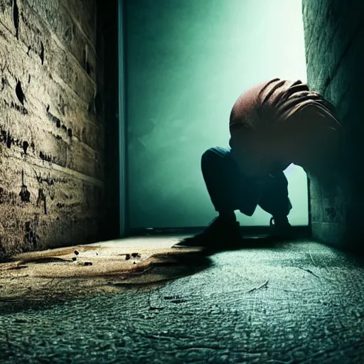 Image similar to a man pushed flat against a wall with limbs spread out covered with a large spider web, cinematic lighting, deep colors, epic scale