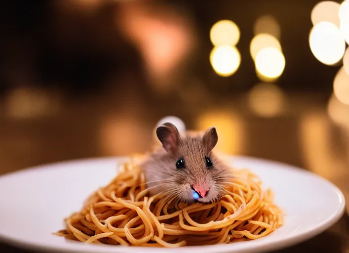 Image similar to photo of a hamster eating spaghetti, at night, candlelit restaurant table, various poses, unedited, soft light, centered, sharp focus, 8 k