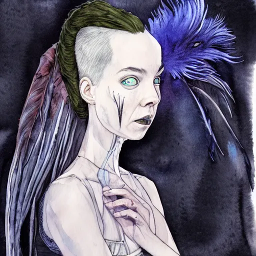 Image similar to full body detailed watercolor illustration of alien anya taylor - joy mixed with jennifer connelly, unsettling, hooded long black feathered cloak, uncanny valley, with black feathers instead of hair, gothic, guillermo del toro, gray mottled skin, pale and sickly, profile view, - - ar 9 : 1 6