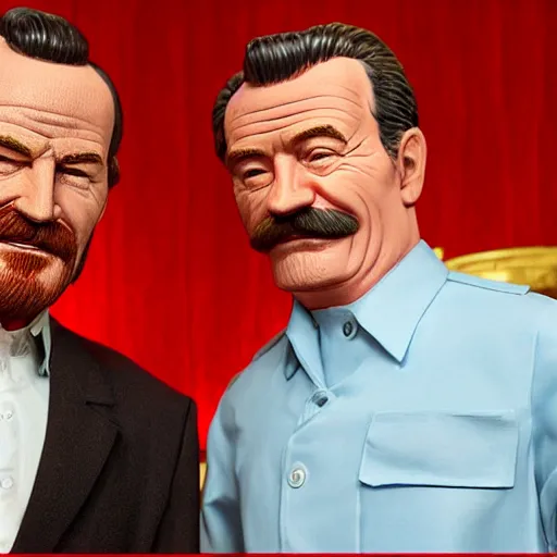 Prompt: wax figures of bryan cranston selling a ziploc of baby blue meth to stalin