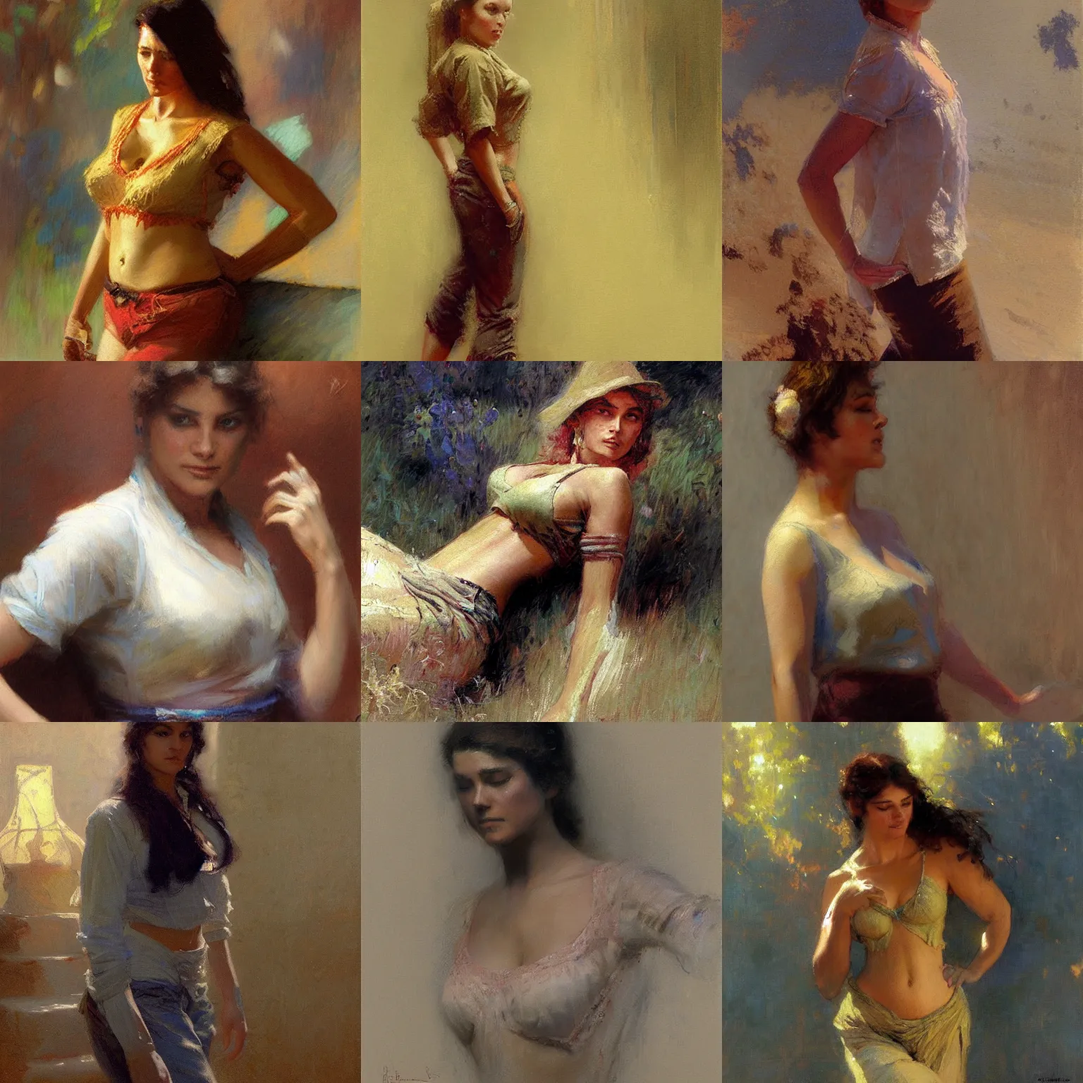 Prompt: a woman in a shirt with a normal body type, painting by Gaston Bussiere, Craig Mullins