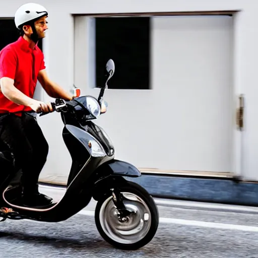 Image similar to advertisement delivery driver on moped delivering packages, extremely high quality, artistic rendering, cartoon, sharp, no blur, edited, white background