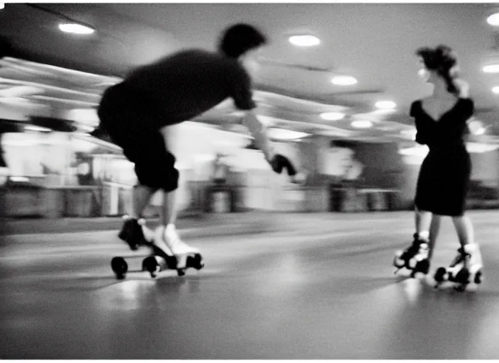 Prompt: a 35mm photograph of a man and a woman roller skating at a roller rink in the 1950's at sunset, bokeh, Canon 50mm, cinematic lighting, photography, retro, film, Kodachrome, award-winning, rule of thirds, golden hour