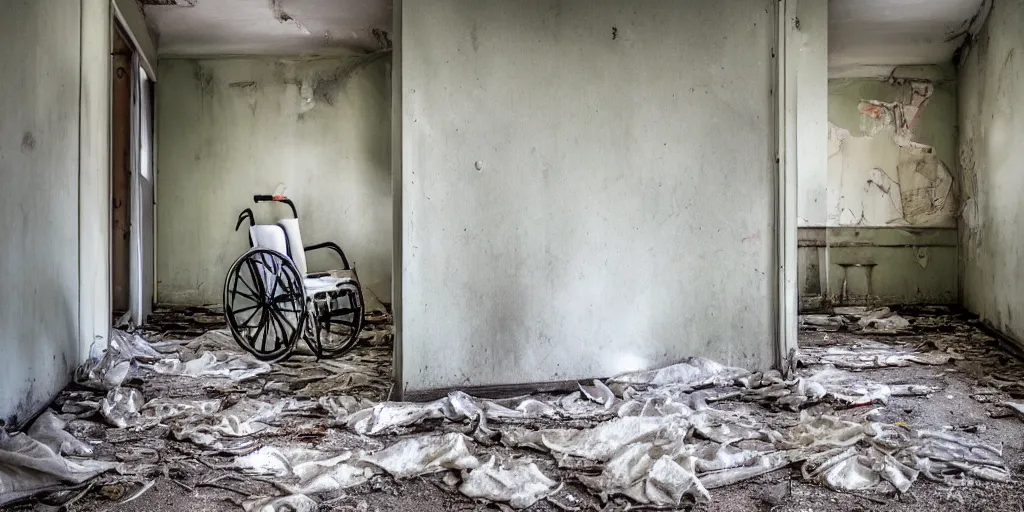 Prompt: abandoned psychiatric ward with paint peeling of the walls, dirty floor, broken wheelchair, stained bed, photography