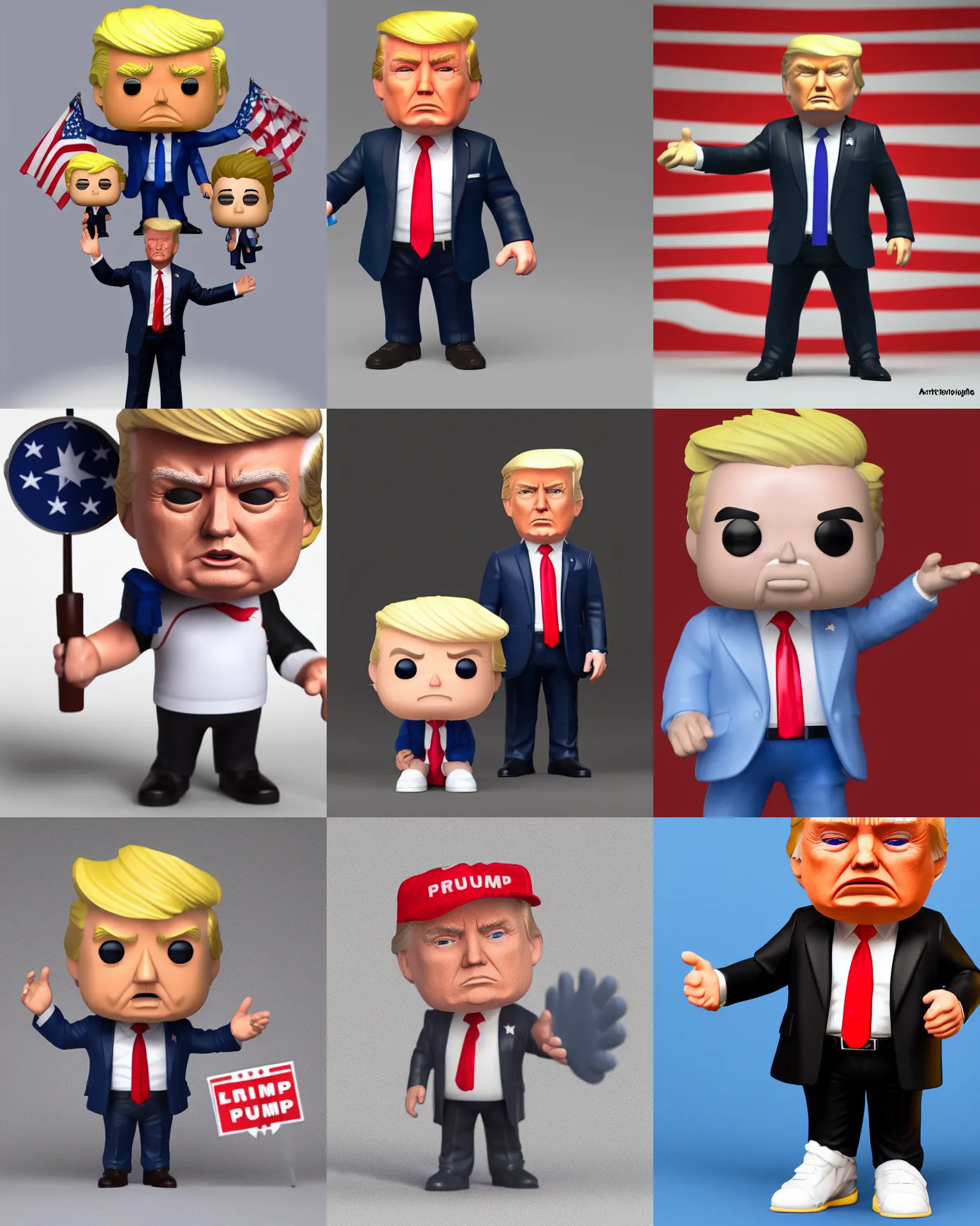 Image similar to full body 3d render of donald trump as a funko pop, studio lighting, white background, blender, trending on artstation, 8k, highly detailed