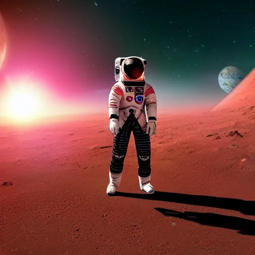 Image similar to A wide angle shot from below of a female astronaut with a feminine body walking with swagger towards camera on mars in an infinite universe , synthwave digital art