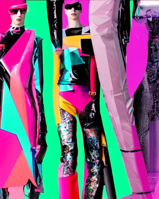 Prompt: a leaked screenshot of Balenciaga's fall 2049 campaign, prismatic, dazzle camouflage!, dayglo pink, dayglo blue, Bladerunner, cyberpunk