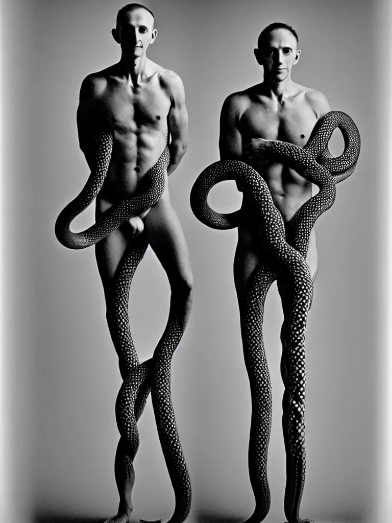 Image similar to a perfect full length portrait of a man standing, proudly displaying his four dimensional hyperbolic body extensions that extrude, protude and extend outwards and around his body like grasping prehensile tendrils tentacles and snakes, perfect studio lighting.