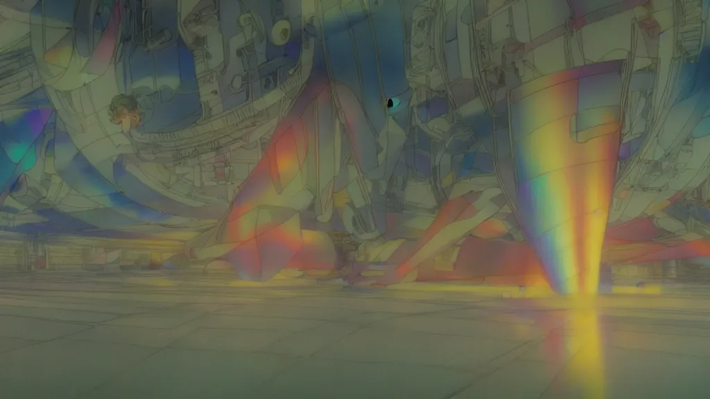 Image similar to volumetric iridescent light, anime film still from the an anime directed by katsuhiro otomo with art direction by salvador dali, wide lens