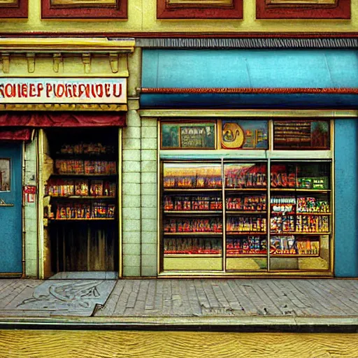 Prompt: A fantasycore 120mm photograph of a convenience store with photograph of 2099 portugal lisbon on the street of a very highly detailed eldritch city digital rational painting art by Greg Rutkowski, a 12x(very) much detailed Dimensional cyan gold natural light, highly detailed by alphonse mucha, a 12x(very) much detailed by Eta Cru and James Gurney and Donato Giancola, composition by alphonse mucha