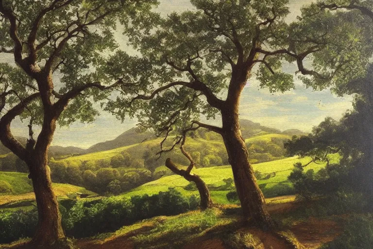 Prompt: masterpiece painting of oak trees on a hillside overlooking a creek, dramatic lighting, by edwin holgate