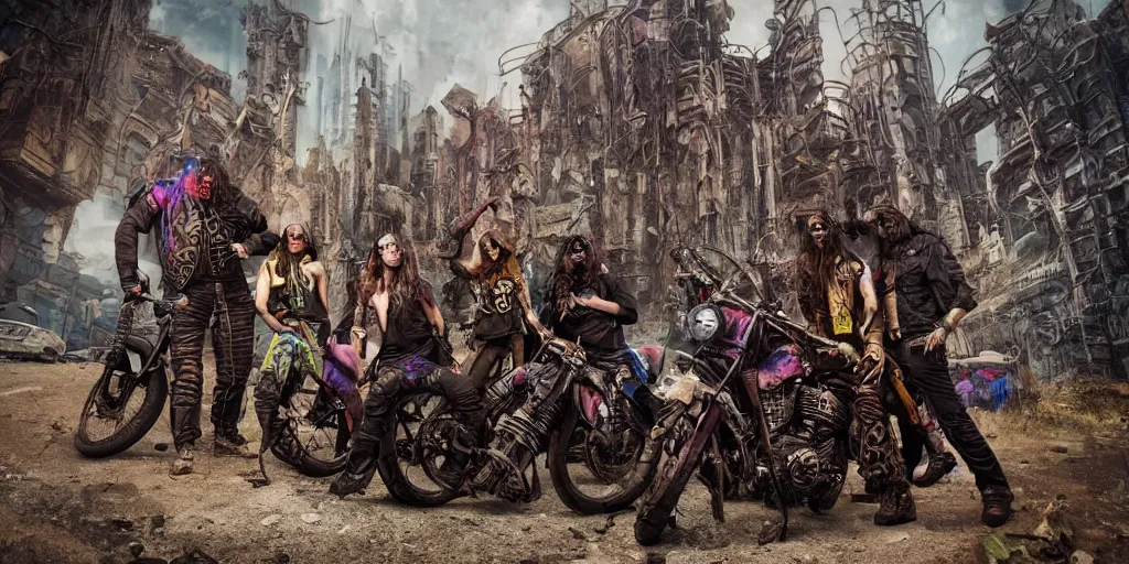 Image similar to psychedelic post apocalyptic orcish biker gang posing in front of scifi city ruins, sharp focus, cinematic shot, psychedelic colors, artstation, cgsociety