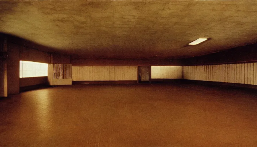 Image similar to 70s movie still of a man with superthin head in an empty soviet ballroom, eastmancolor, heavy grain, high quality, higly detailed, liminal space